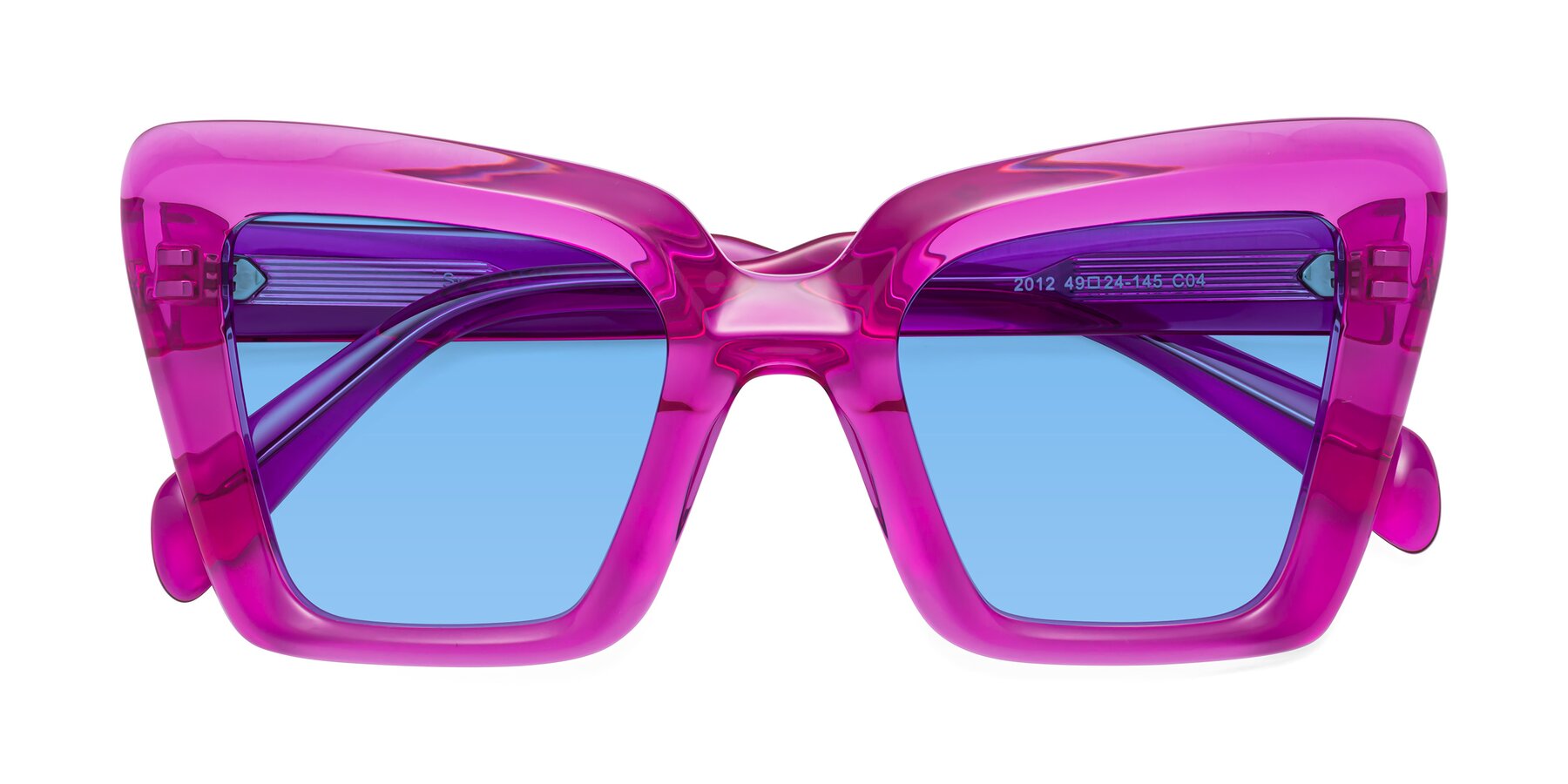 Folded Front of Swan in Crystal Purple with Medium Blue Tinted Lenses