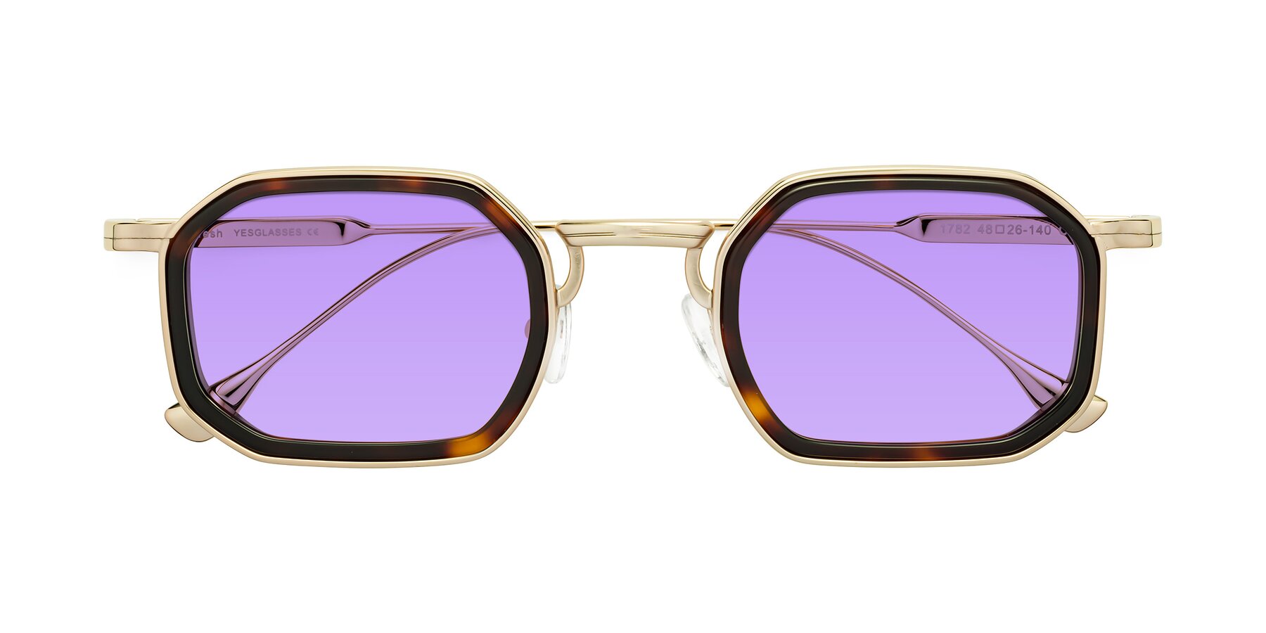 Folded Front of Fresh in Tortoise-Gold with Medium Purple Tinted Lenses