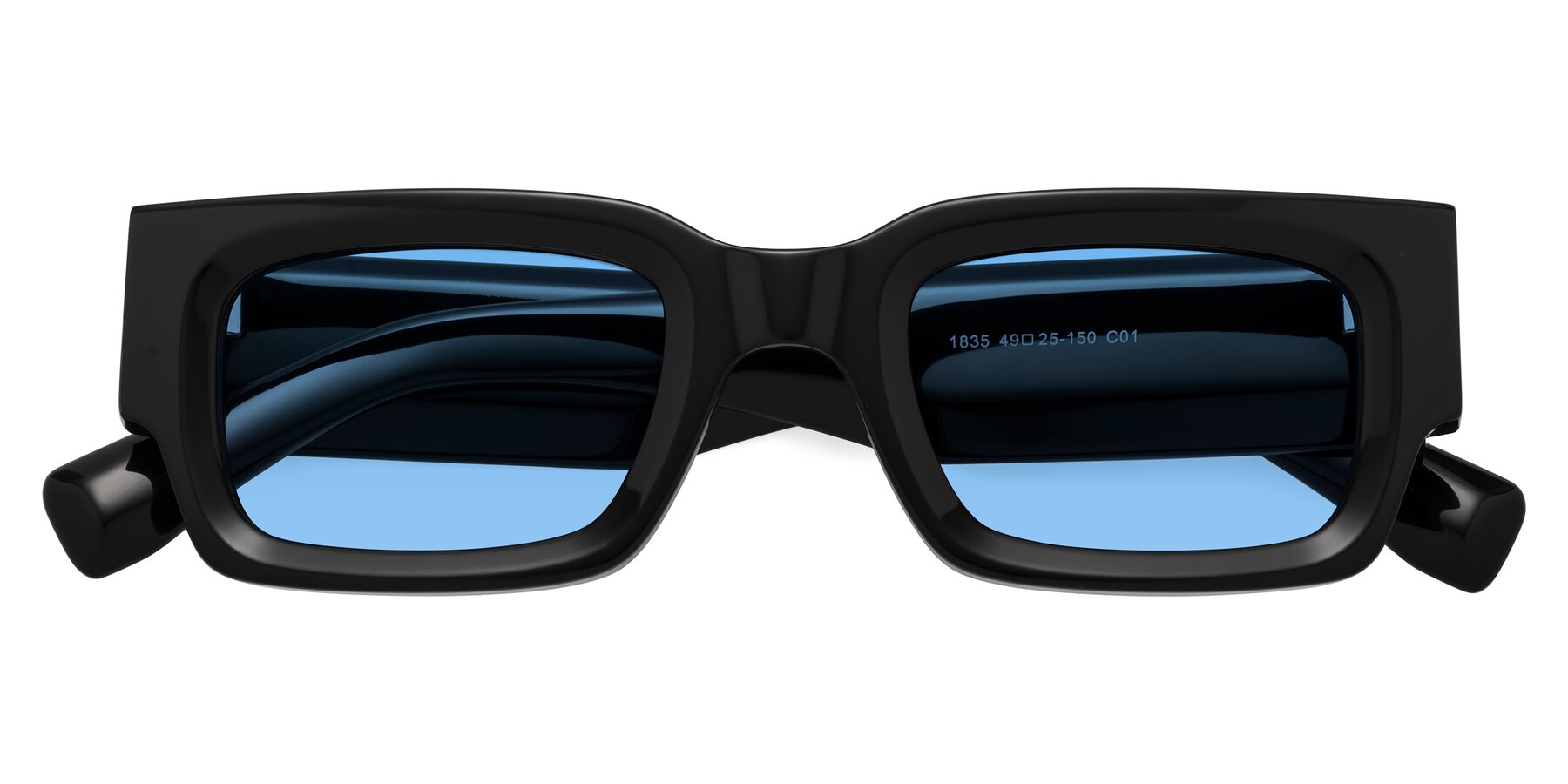 Folded Front of Kirn in Black with Medium Blue Tinted Lenses