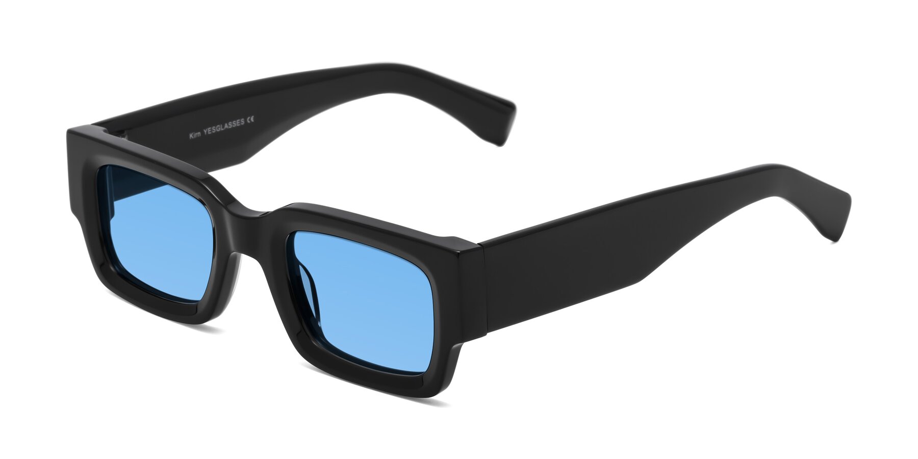 Angle of Kirn in Black with Medium Blue Tinted Lenses