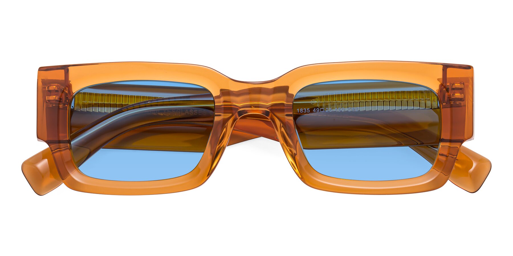 Folded Front of Kirn in Maple Syrup with Medium Blue Tinted Lenses