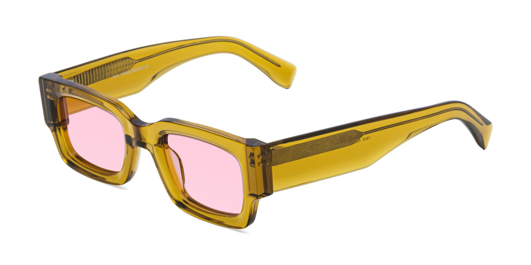 Angle of Kirn in Honey with Light Pink Tinted Lenses