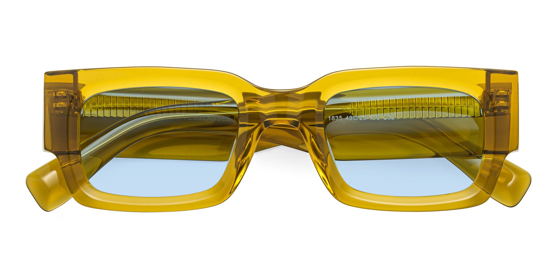 Folded Front of Kirn in Honey with Light Blue Tinted Lenses