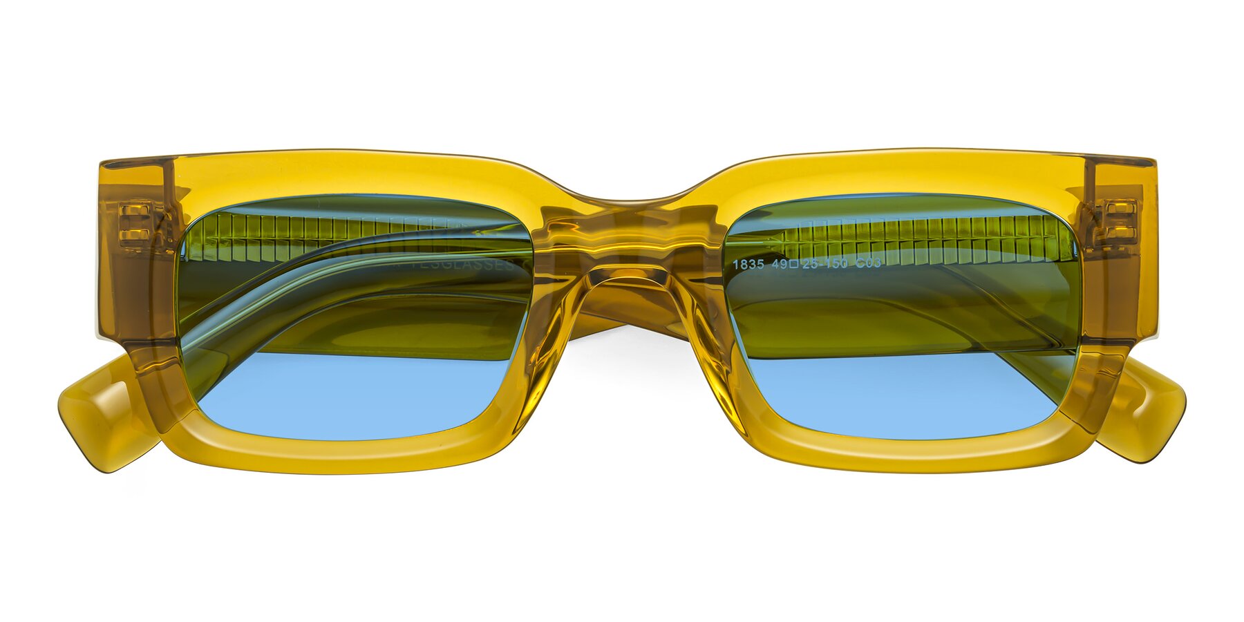 Folded Front of Kirn in Honey with Medium Blue Tinted Lenses