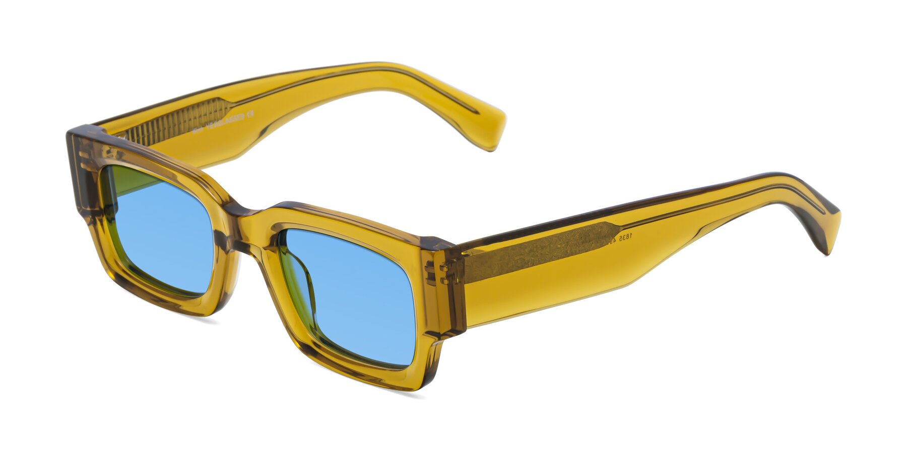 Angle of Kirn in Honey with Medium Blue Tinted Lenses