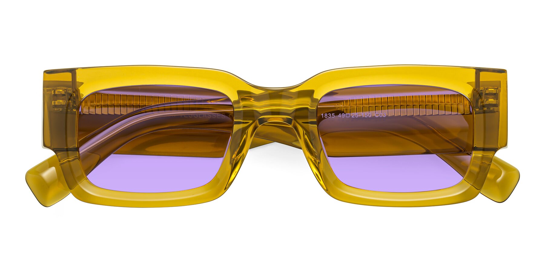 Folded Front of Kirn in Honey with Medium Purple Tinted Lenses