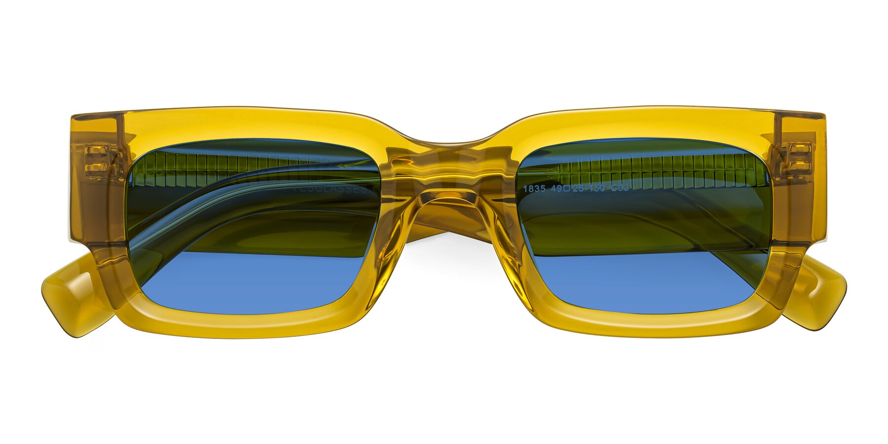 Folded Front of Kirn in Honey with Blue Tinted Lenses
