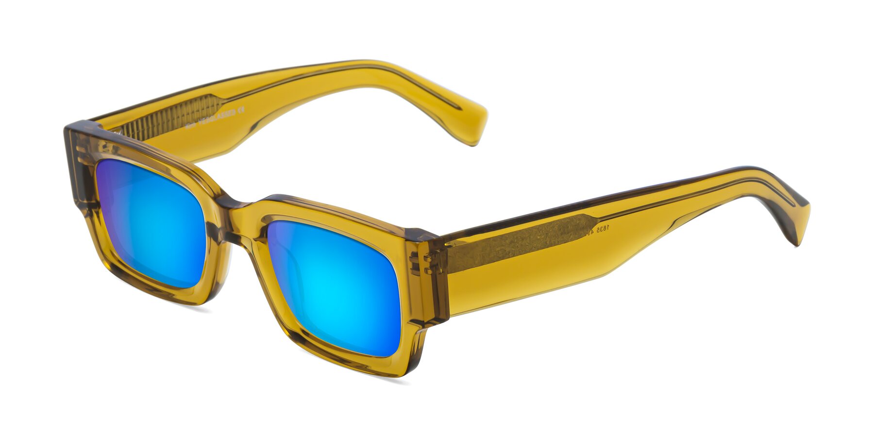 Angle of Kirn in Honey with Blue Mirrored Lenses
