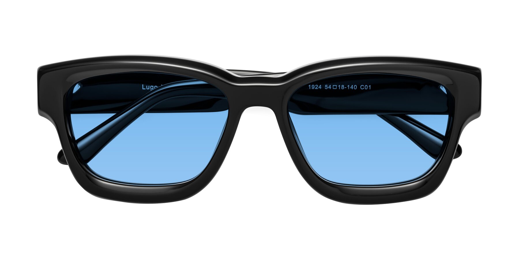 Folded Front of Lugo in Black with Medium Blue Tinted Lenses