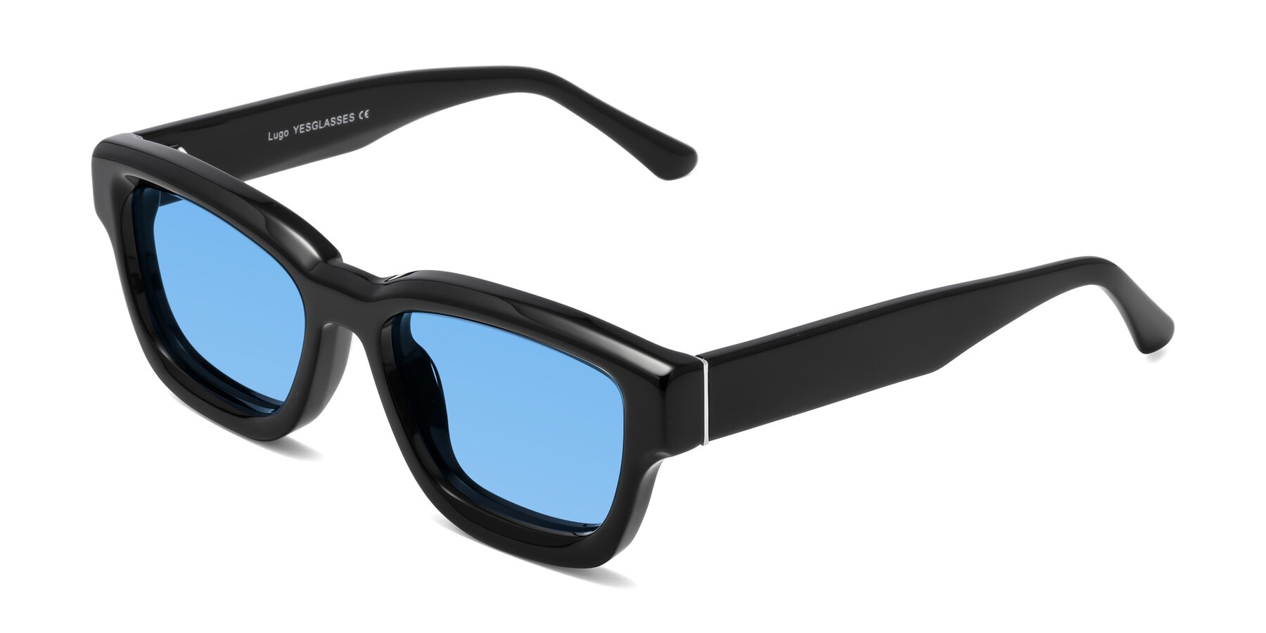 Angle of Lugo in Black with Medium Blue Tinted Lenses