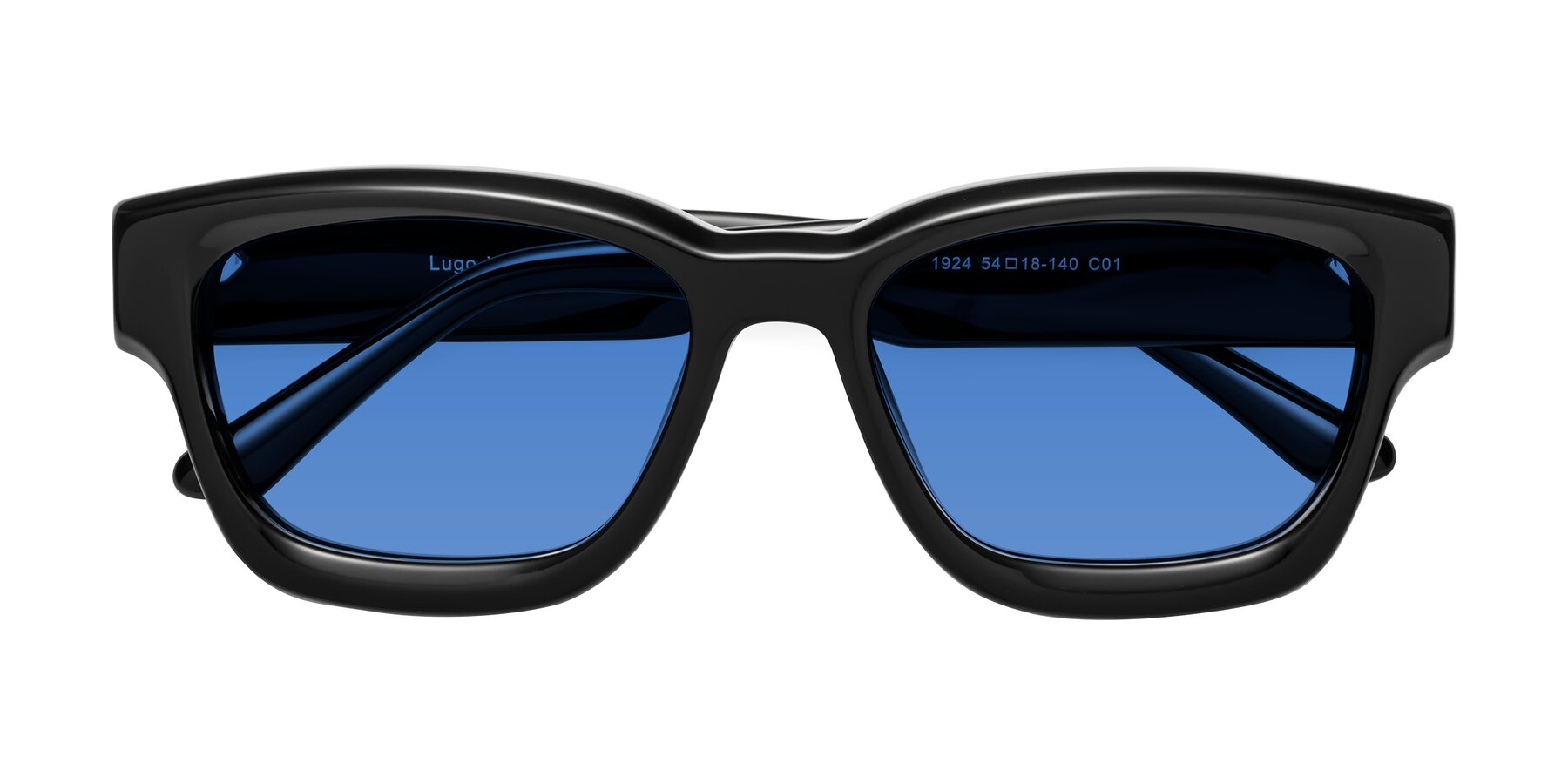 Folded Front of Lugo in Black with Blue Tinted Lenses