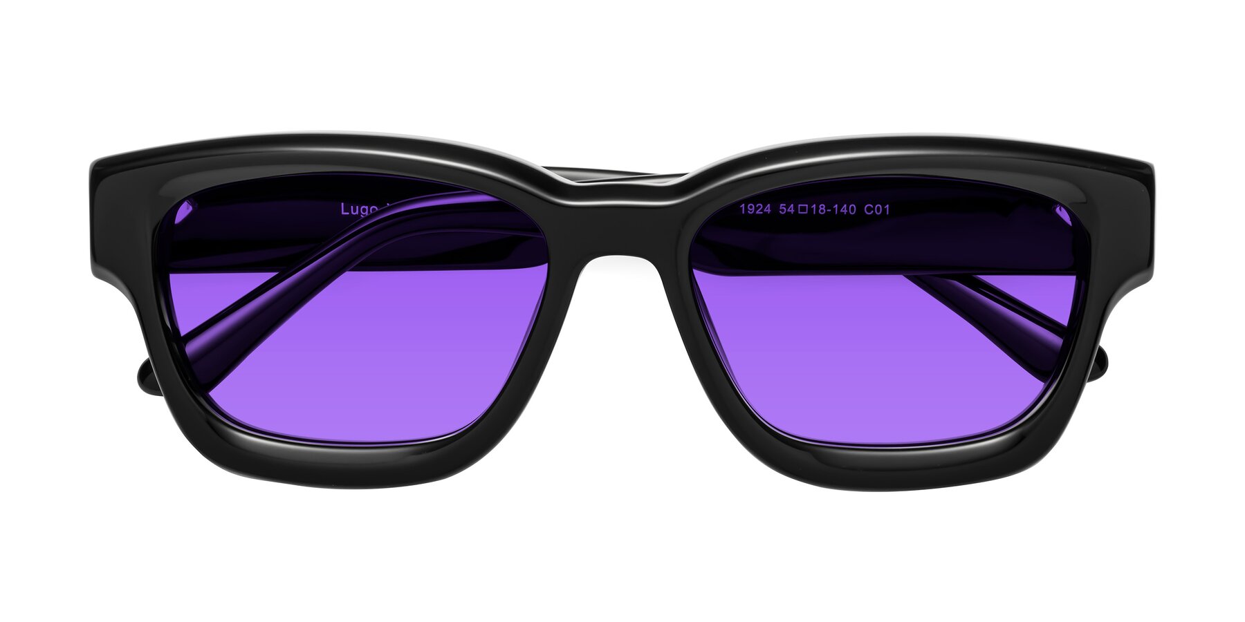 Folded Front of Lugo in Black with Purple Tinted Lenses