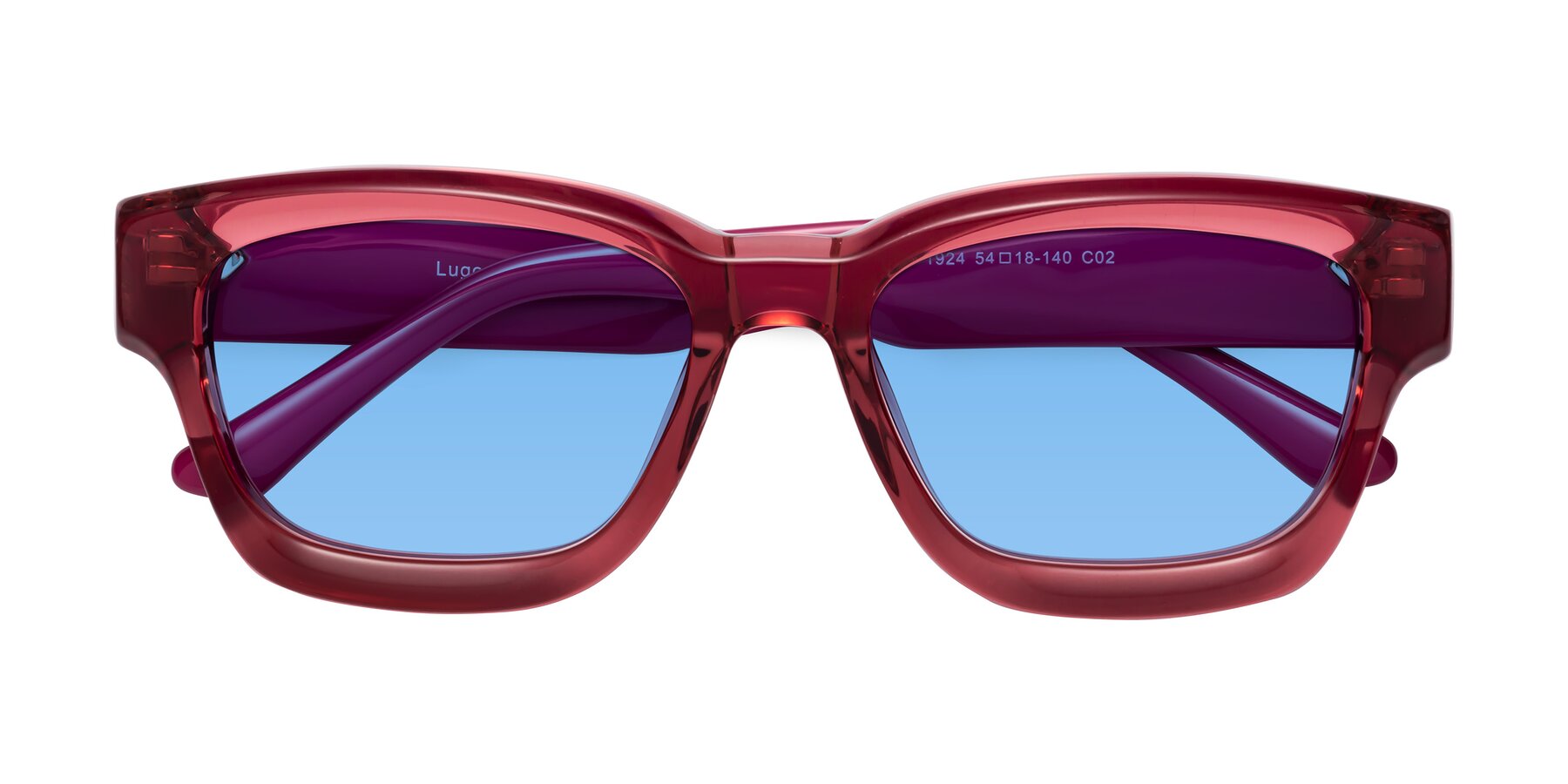 Folded Front of Lugo in Red with Medium Blue Tinted Lenses