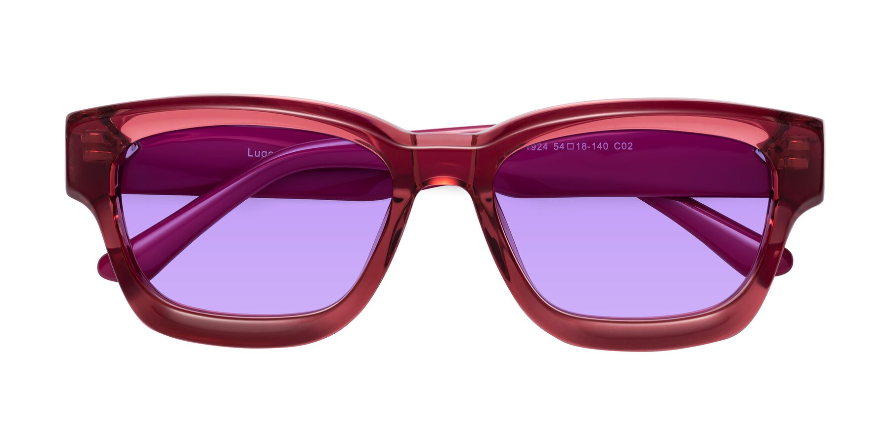 Folded Front of Lugo in Red with Medium Purple Tinted Lenses