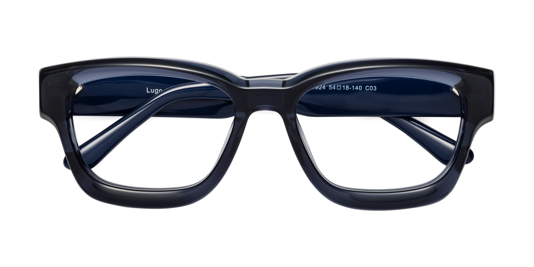 Folded Front of Lugo in Translucent Blue with Clear Reading Eyeglass Lenses
