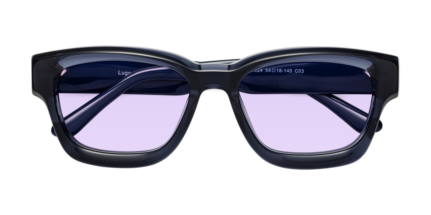 Folded Front of Lugo in Translucent Blue with Light Purple Tinted Lenses