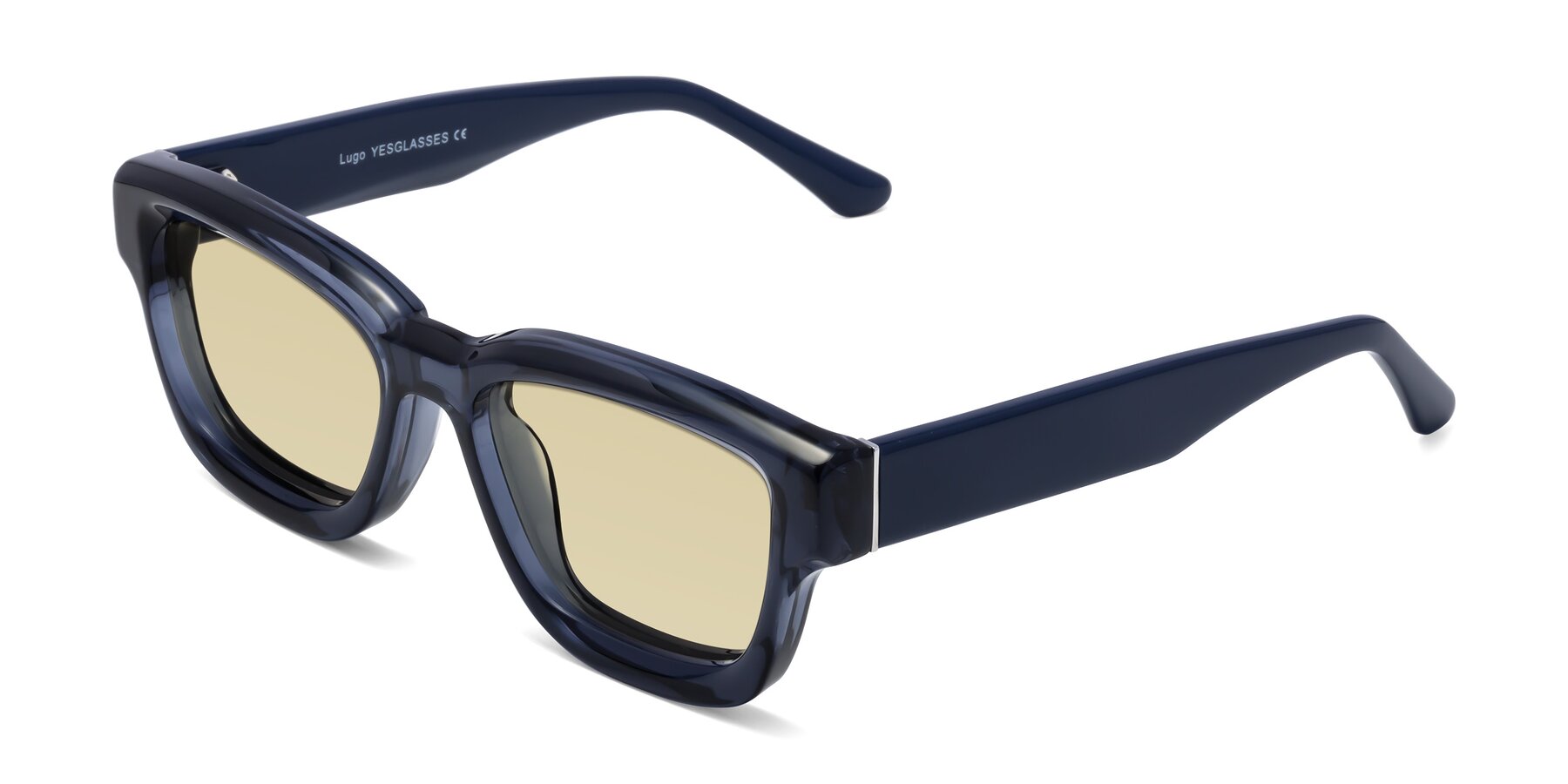 Angle of Lugo in Translucent Blue with Light Champagne Tinted Lenses