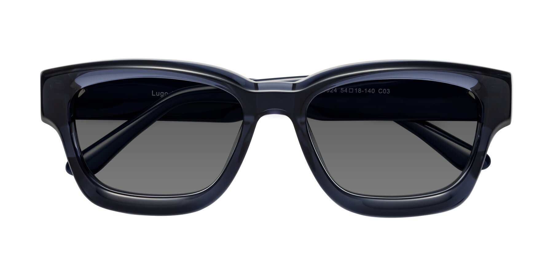 Folded Front of Lugo in Translucent Blue with Medium Gray Tinted Lenses