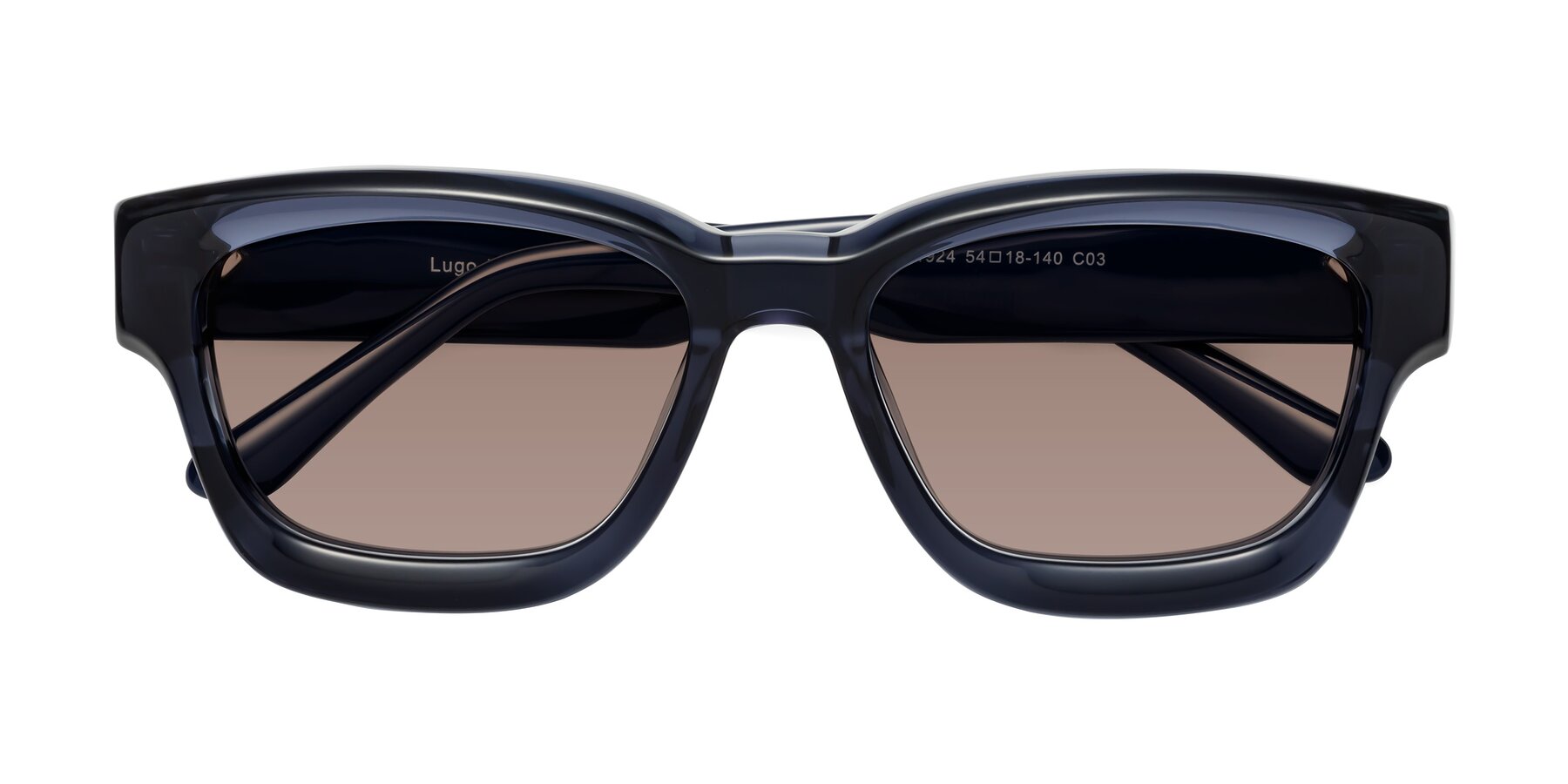 Folded Front of Lugo in Translucent Blue with Medium Brown Tinted Lenses