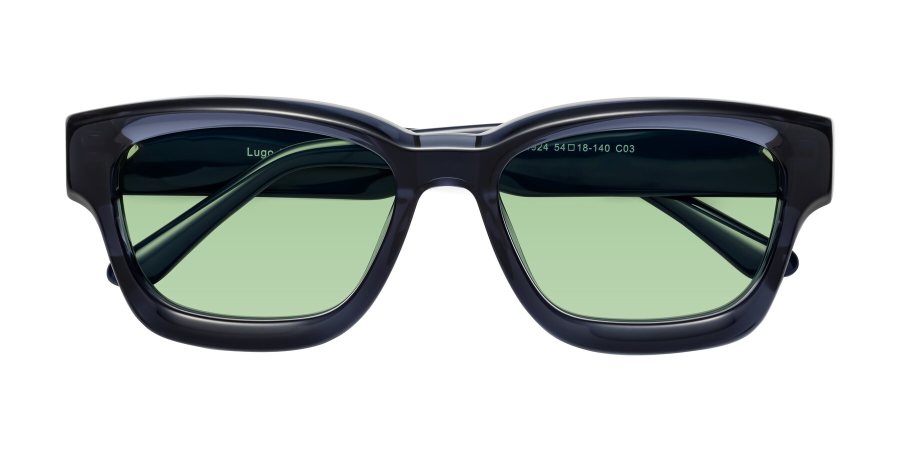 Folded Front of Lugo in Translucent Blue with Medium Green Tinted Lenses