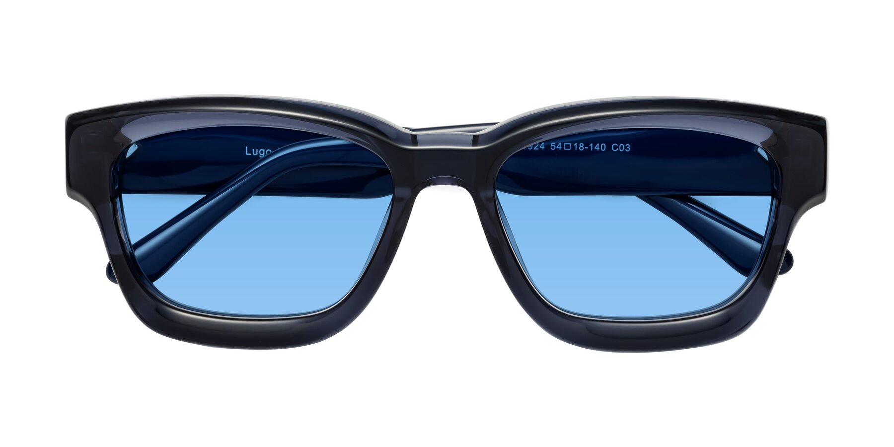 Folded Front of Lugo in Translucent Blue with Medium Blue Tinted Lenses