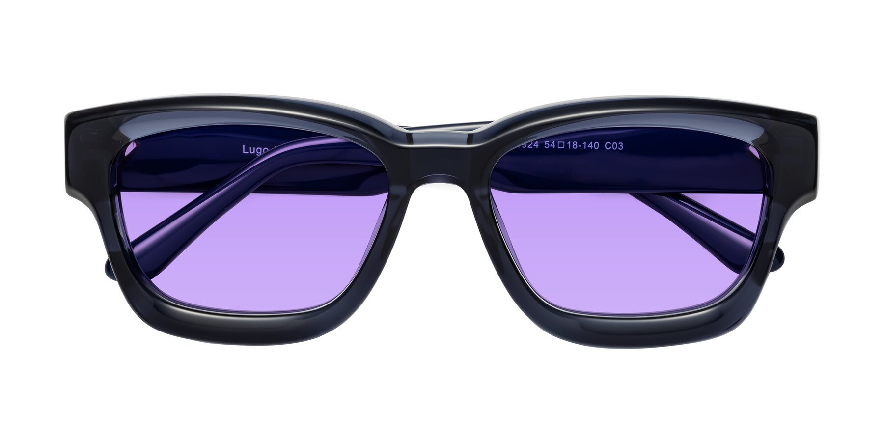 Folded Front of Lugo in Translucent Blue with Medium Purple Tinted Lenses