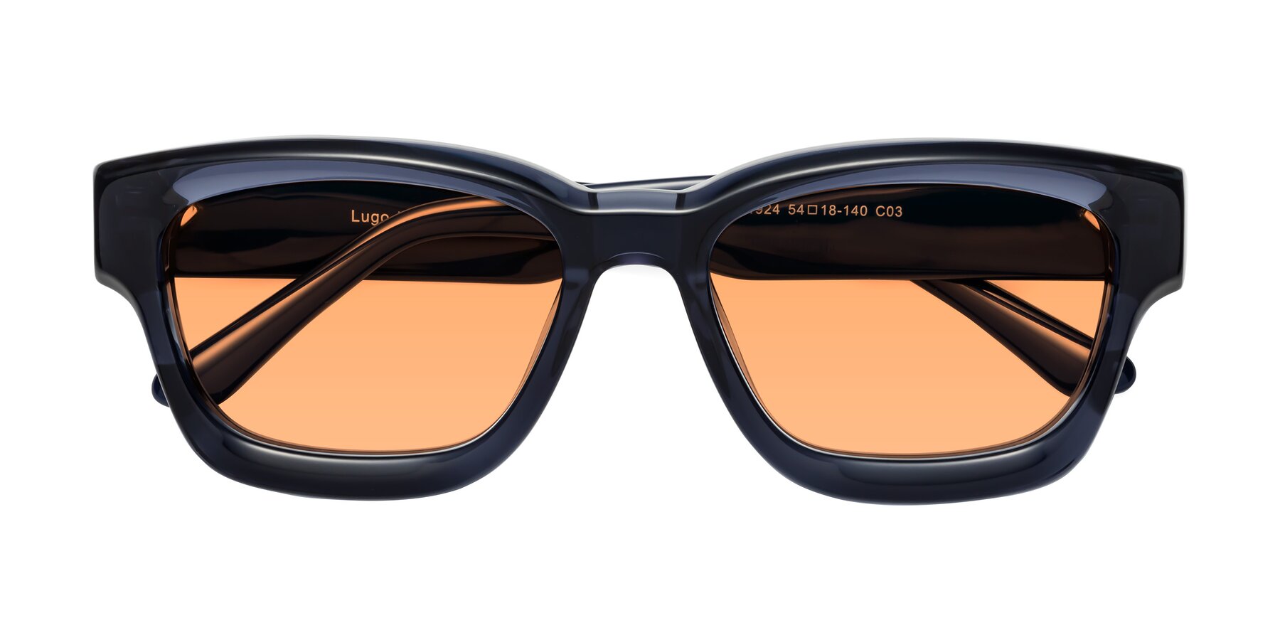 Folded Front of Lugo in Translucent Blue with Medium Orange Tinted Lenses