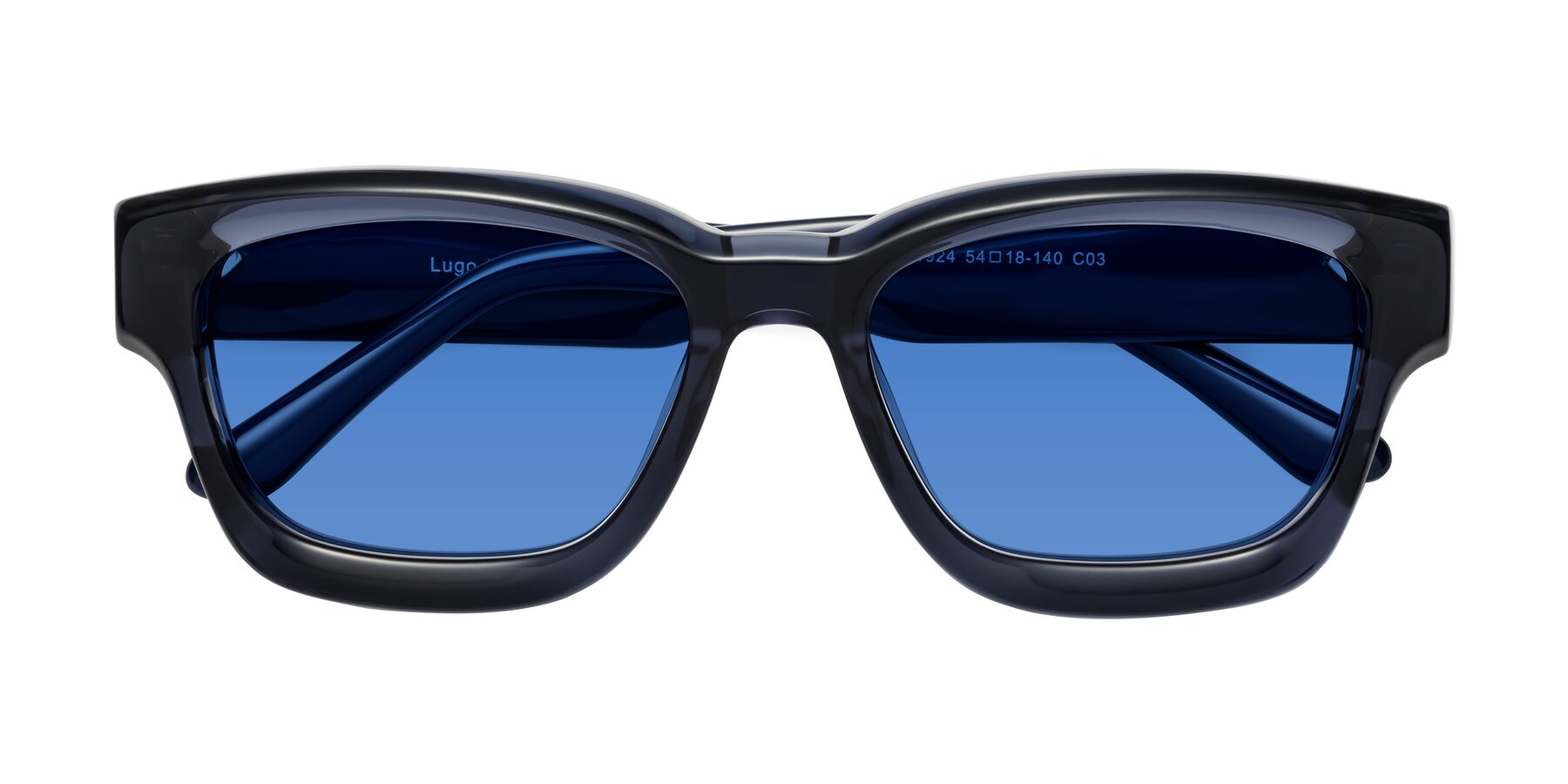 Folded Front of Lugo in Translucent Blue with Blue Tinted Lenses