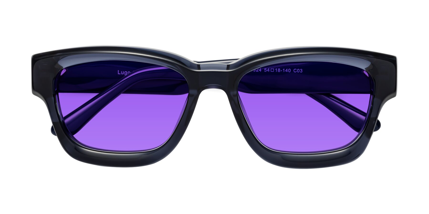 Folded Front of Lugo in Translucent Blue with Purple Tinted Lenses