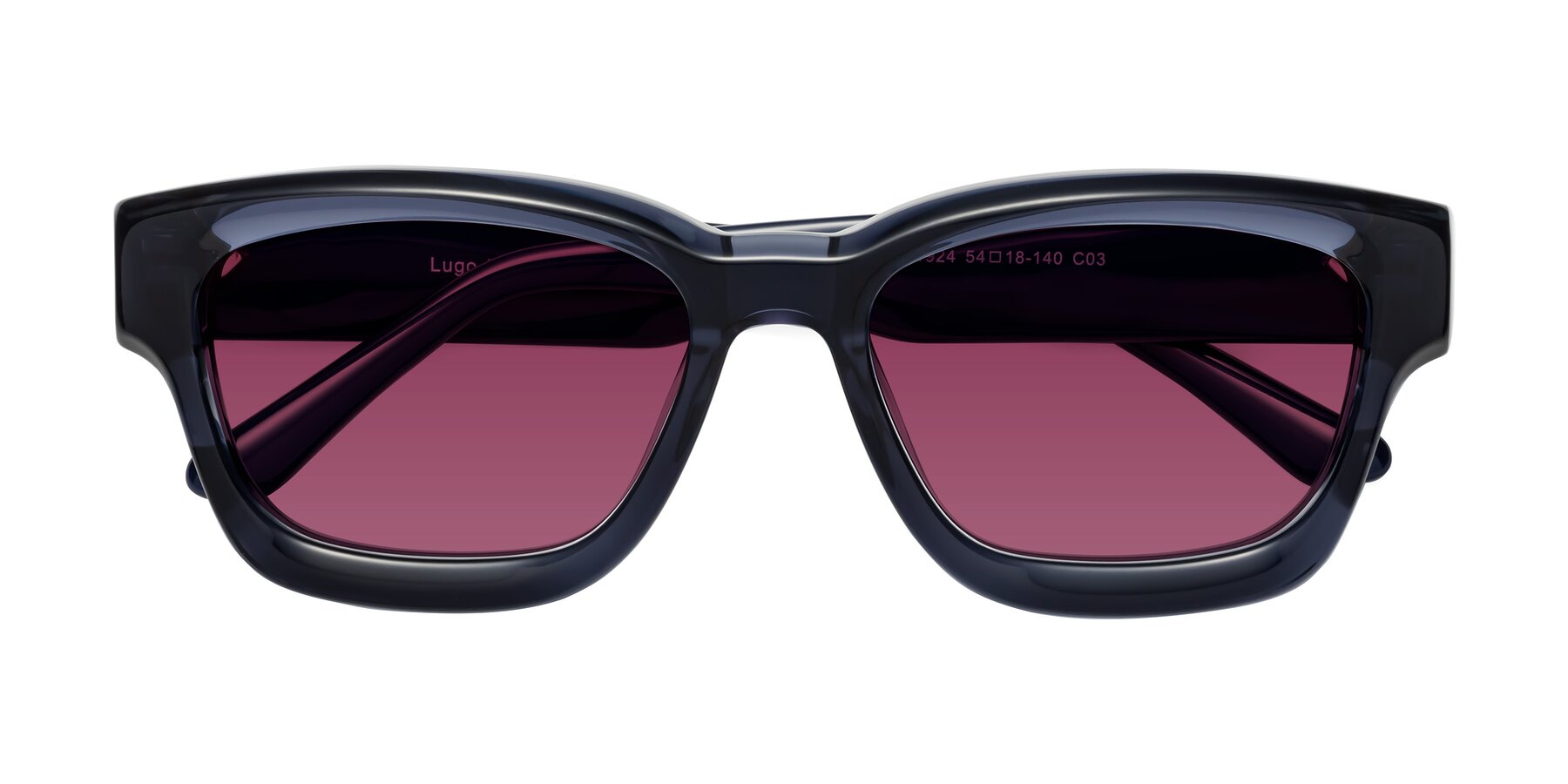 Folded Front of Lugo in Translucent Blue with Wine Tinted Lenses