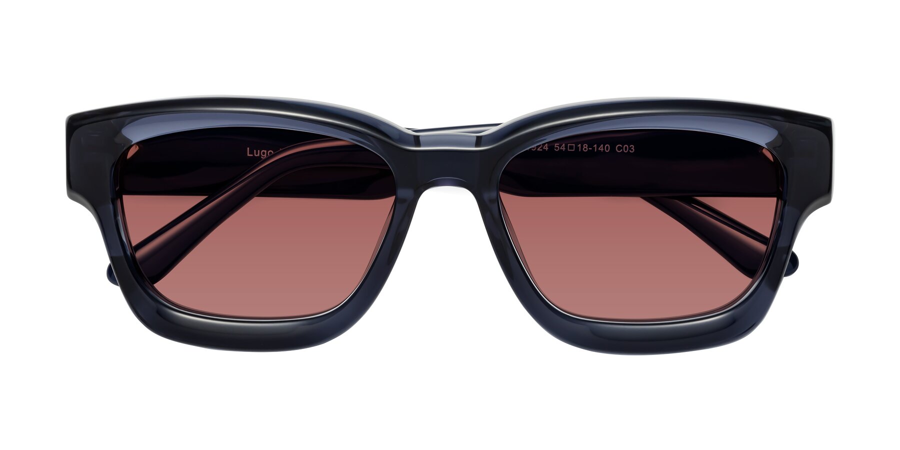 Folded Front of Lugo in Translucent Blue with Garnet Tinted Lenses