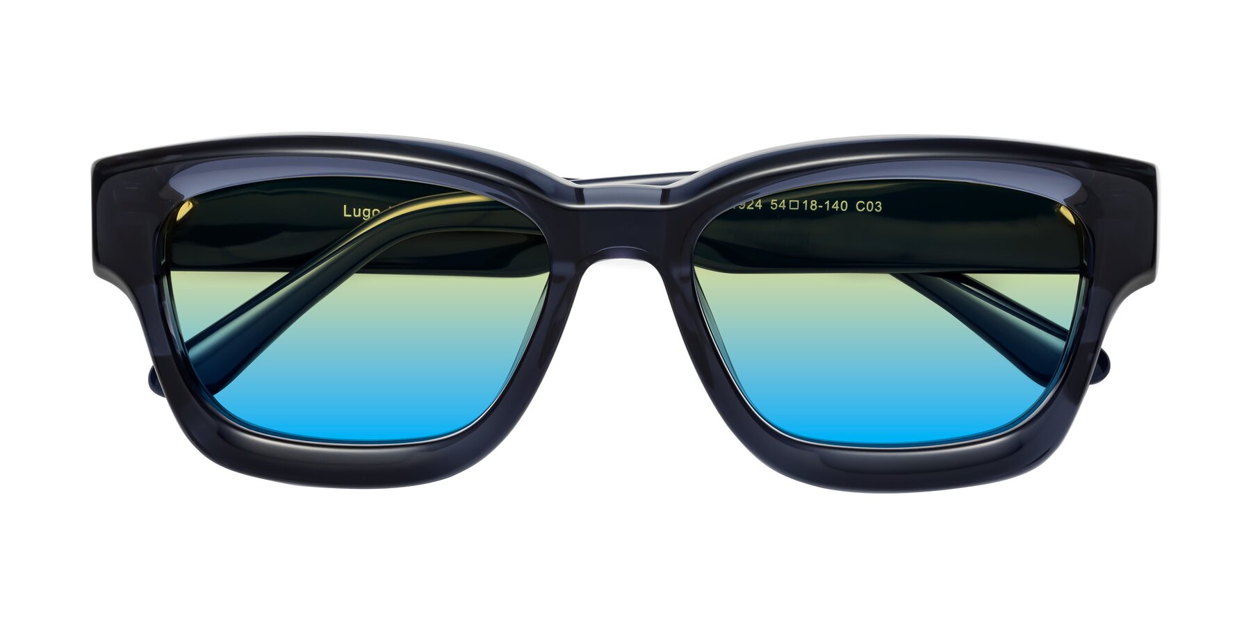 Folded Front of Lugo in Translucent Blue with Yellow / Blue Gradient Lenses