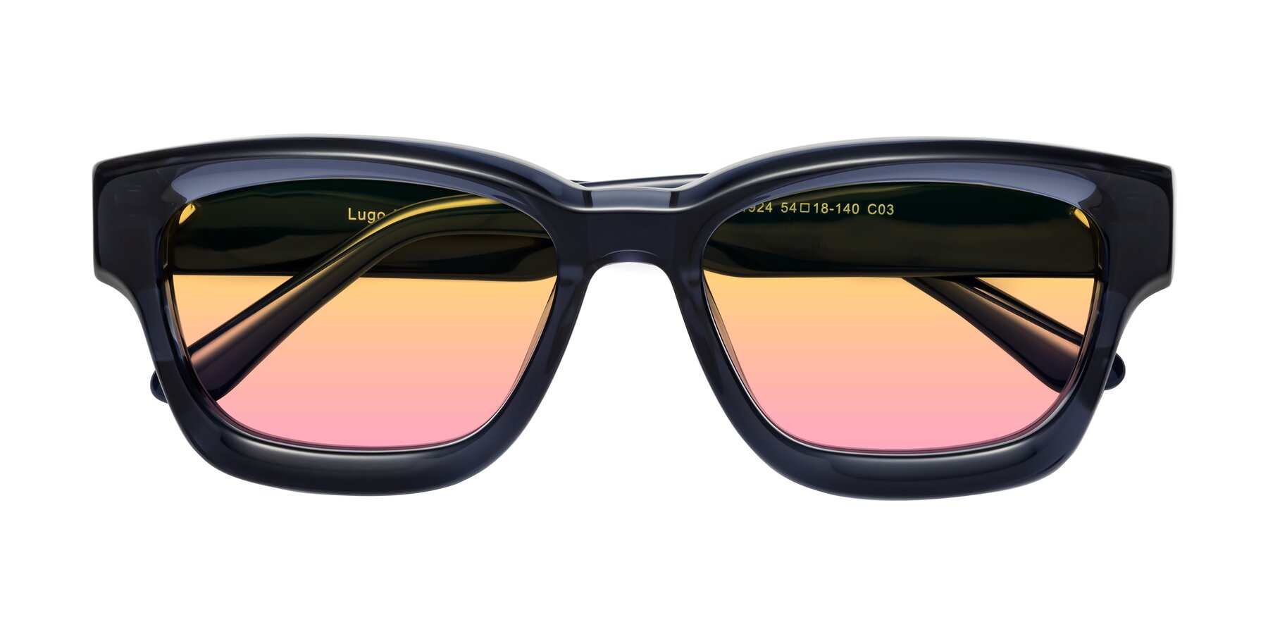Folded Front of Lugo in Translucent Blue with Yellow / Pink Gradient Lenses
