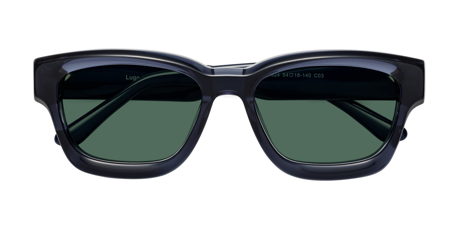 Folded Front of Lugo in Translucent Blue with Green Polarized Lenses