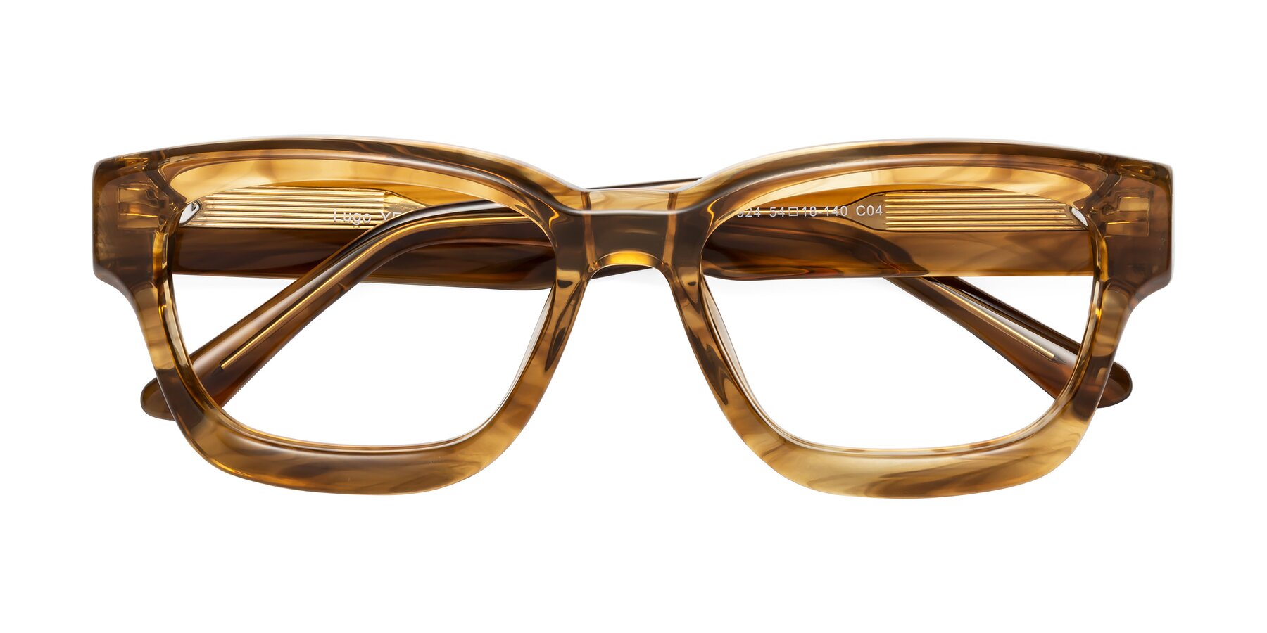 Folded Front of Lugo in Striped Amber with Clear Reading Eyeglass Lenses