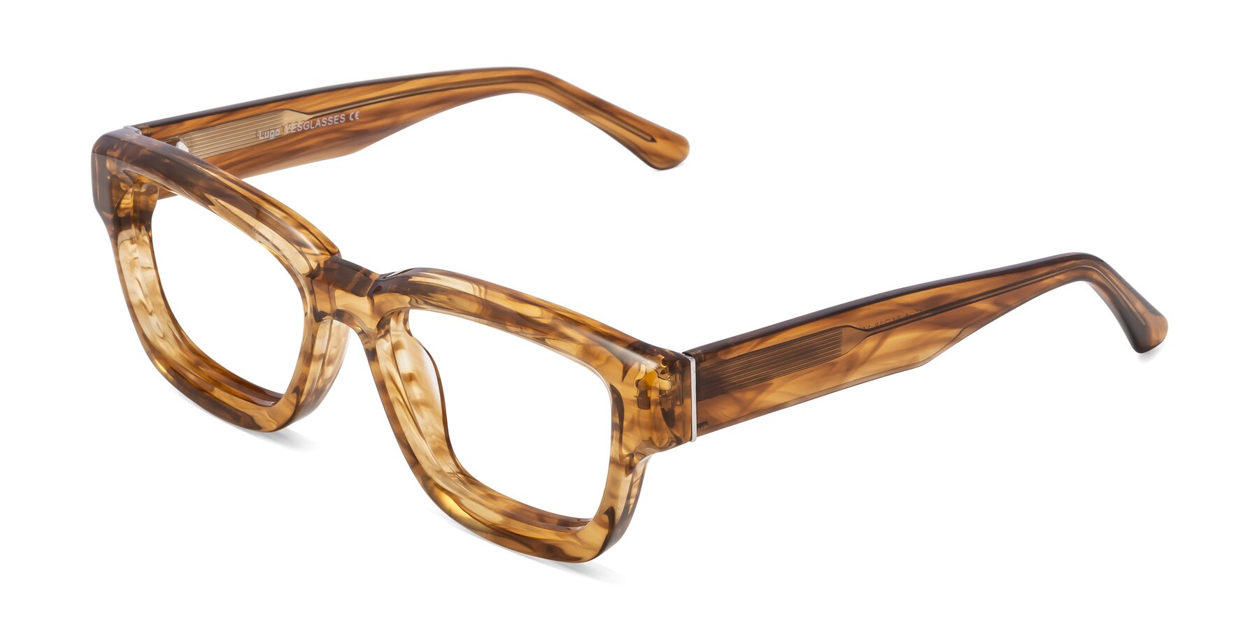 Angle of Lugo in Striped Amber with Clear Reading Eyeglass Lenses