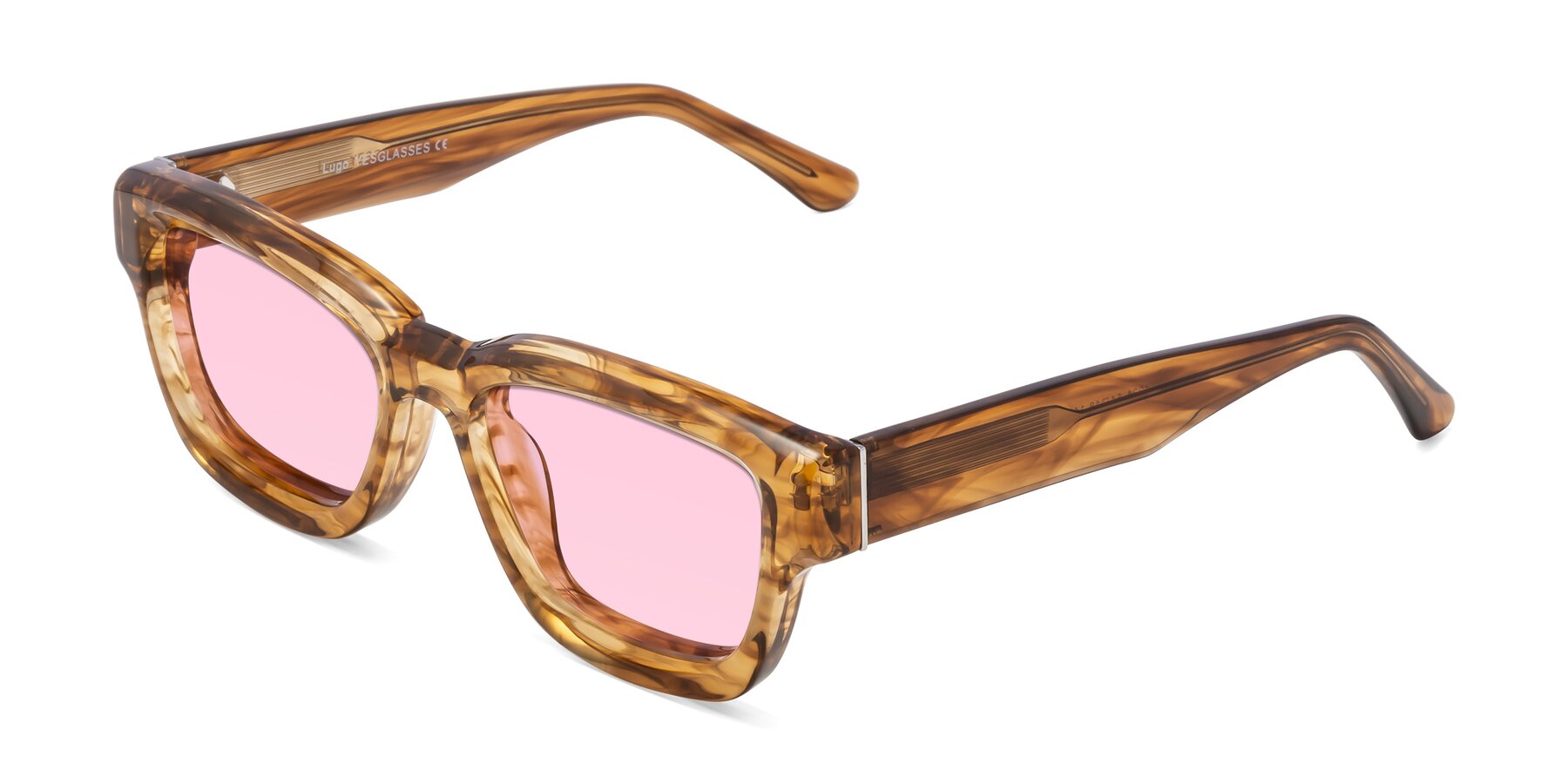 Angle of Lugo in Striped Amber with Light Pink Tinted Lenses