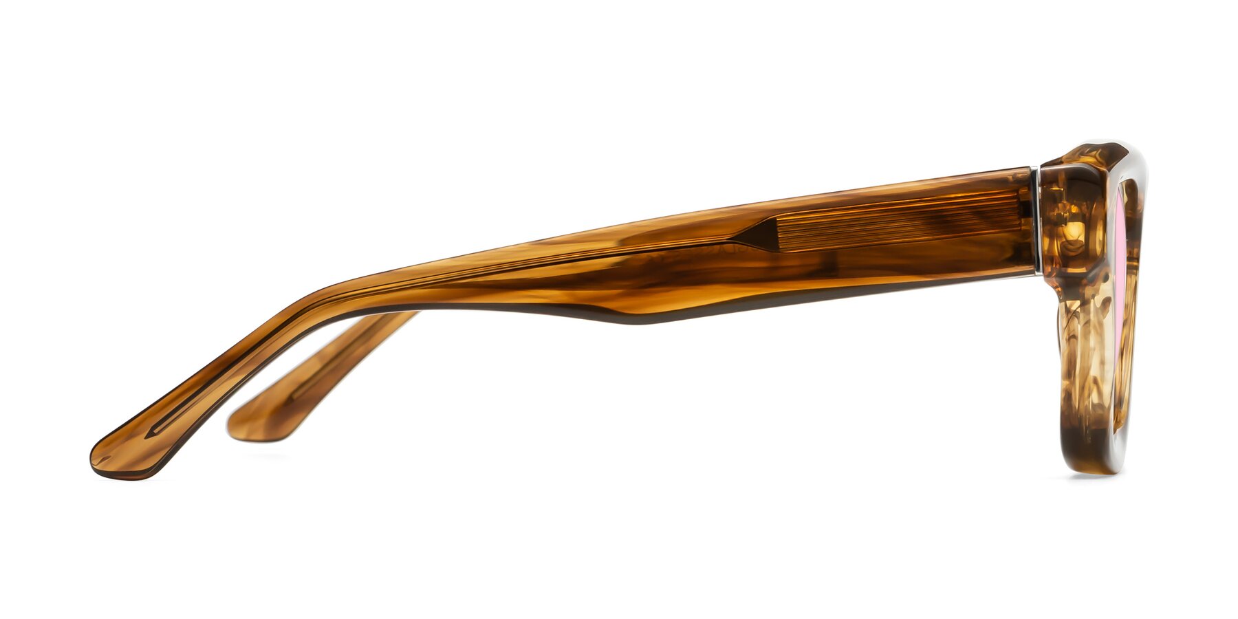 Side of Lugo in Striped Amber with Light Pink Tinted Lenses