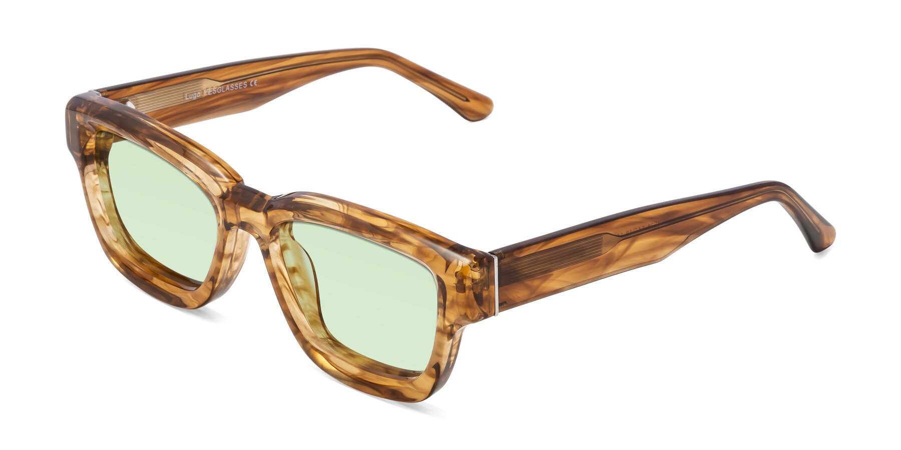 Angle of Lugo in Striped Amber with Light Green Tinted Lenses