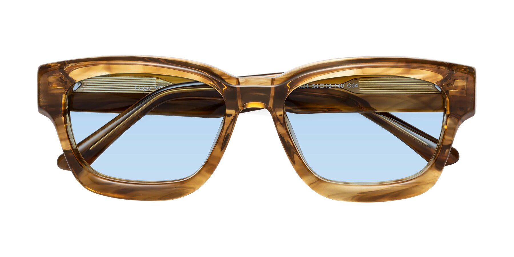 Folded Front of Lugo in Striped Amber with Light Blue Tinted Lenses