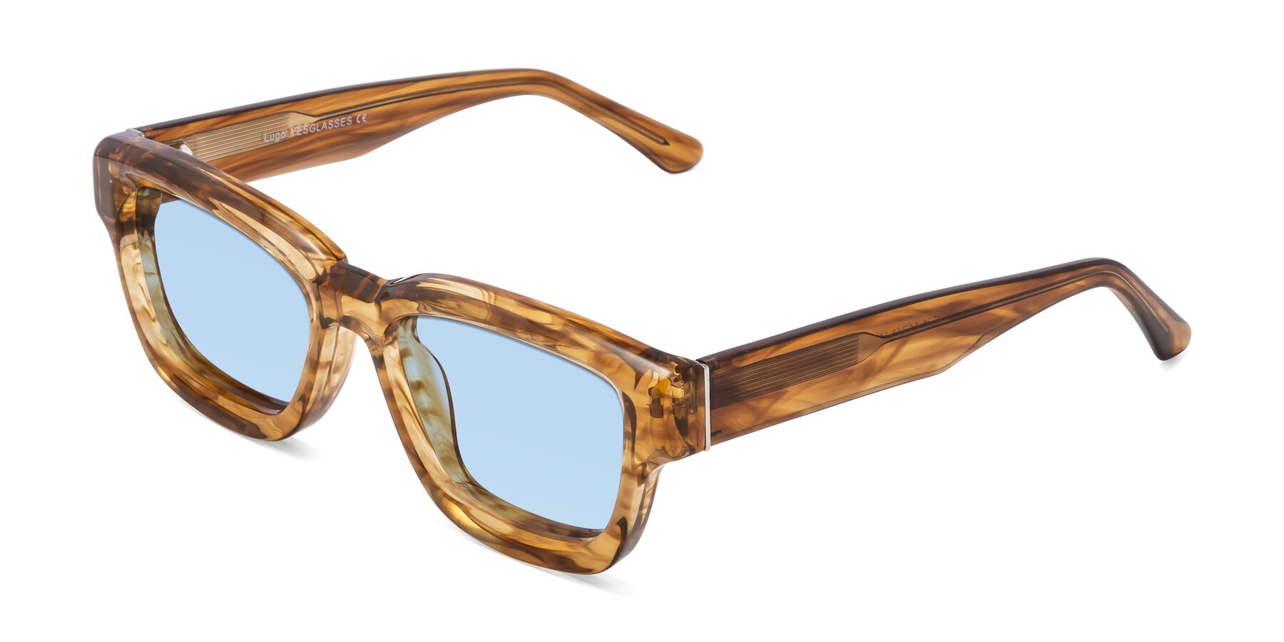 Angle of Lugo in Striped Amber with Light Blue Tinted Lenses