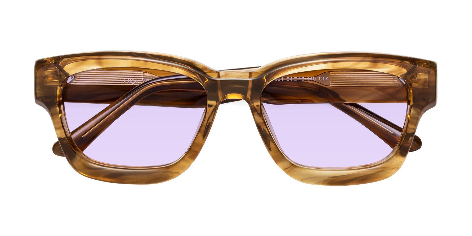 Folded Front of Lugo in Striped Amber with Light Purple Tinted Lenses