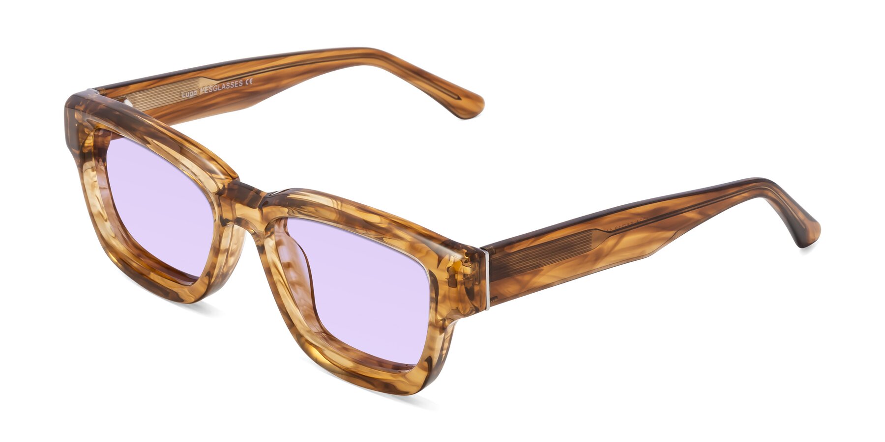 Angle of Lugo in Striped Amber with Light Purple Tinted Lenses