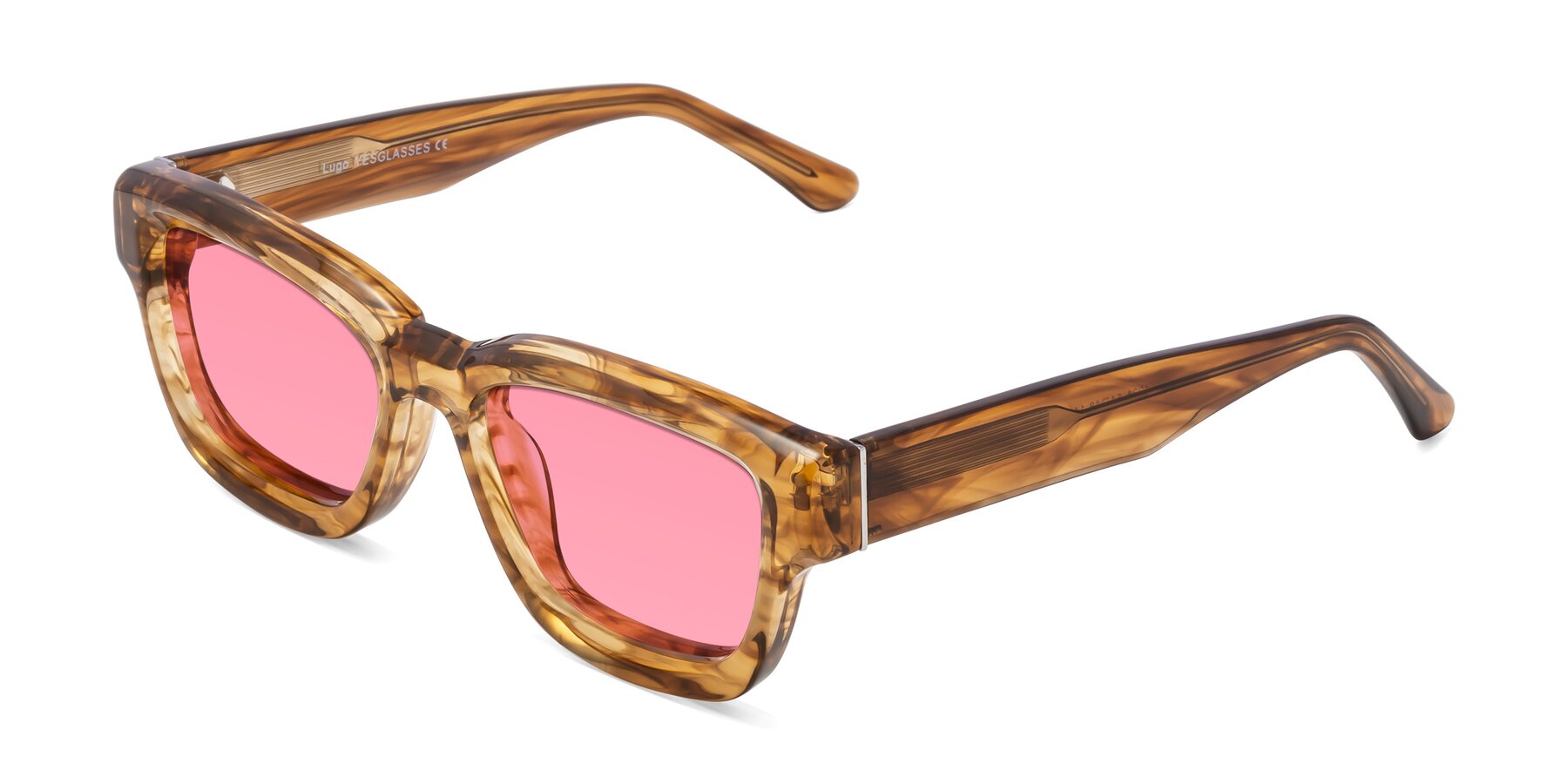 Angle of Lugo in Striped Amber with Pink Tinted Lenses