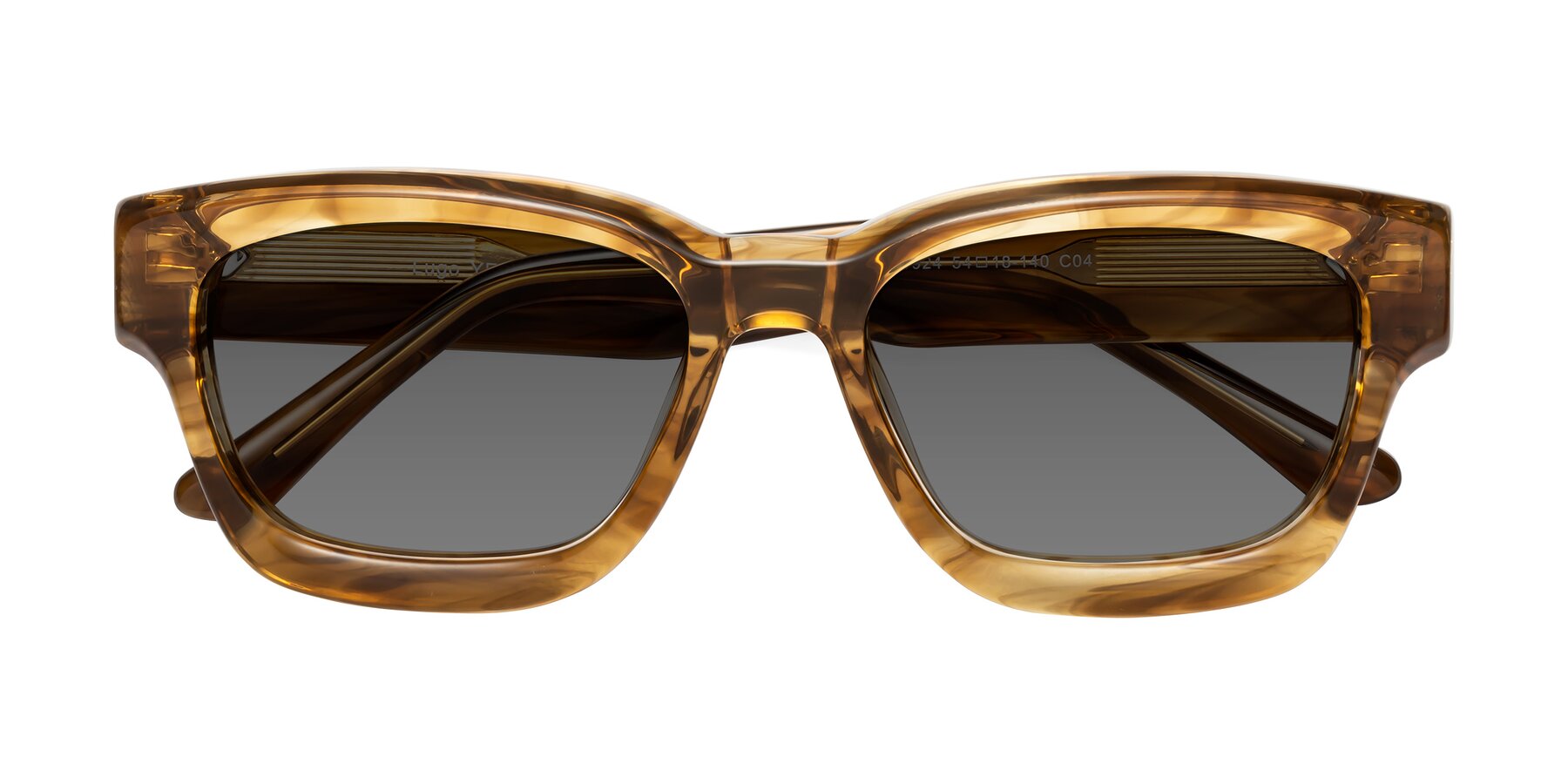 Folded Front of Lugo in Striped Amber with Medium Gray Tinted Lenses