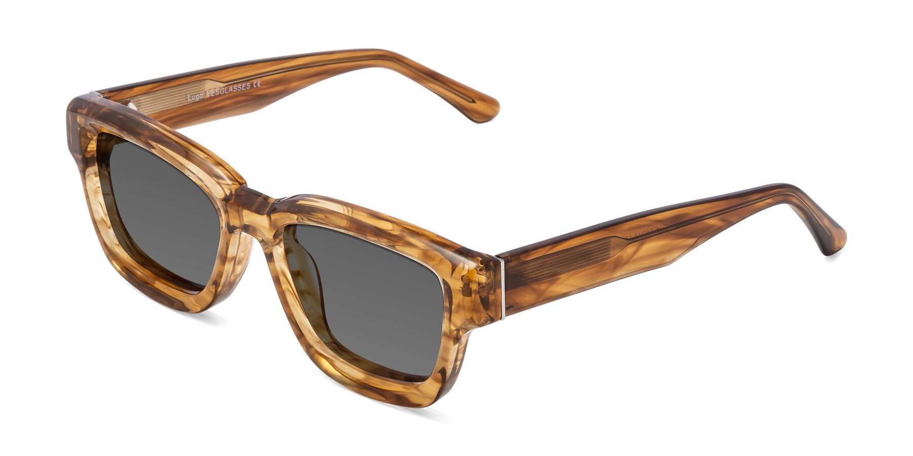 Angle of Lugo in Striped Amber with Medium Gray Tinted Lenses