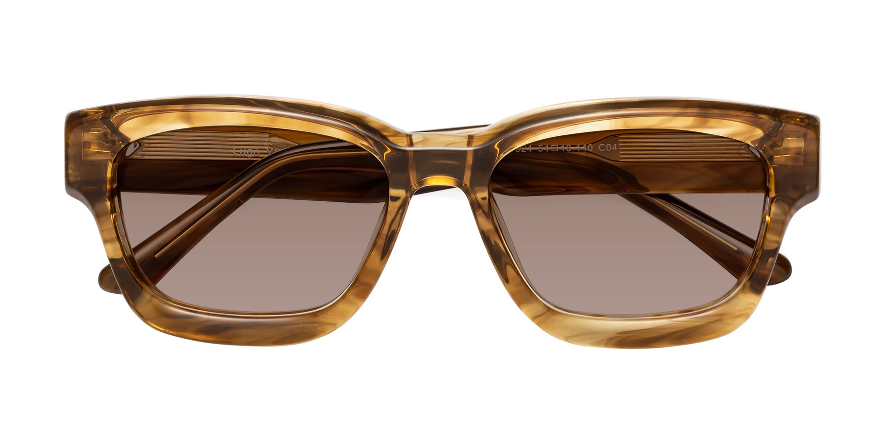 Folded Front of Lugo in Striped Amber with Medium Brown Tinted Lenses