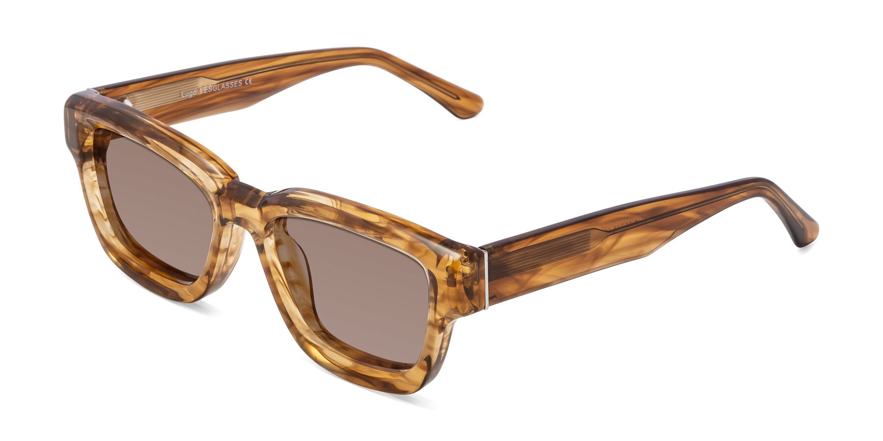 Angle of Lugo in Striped Amber with Medium Brown Tinted Lenses