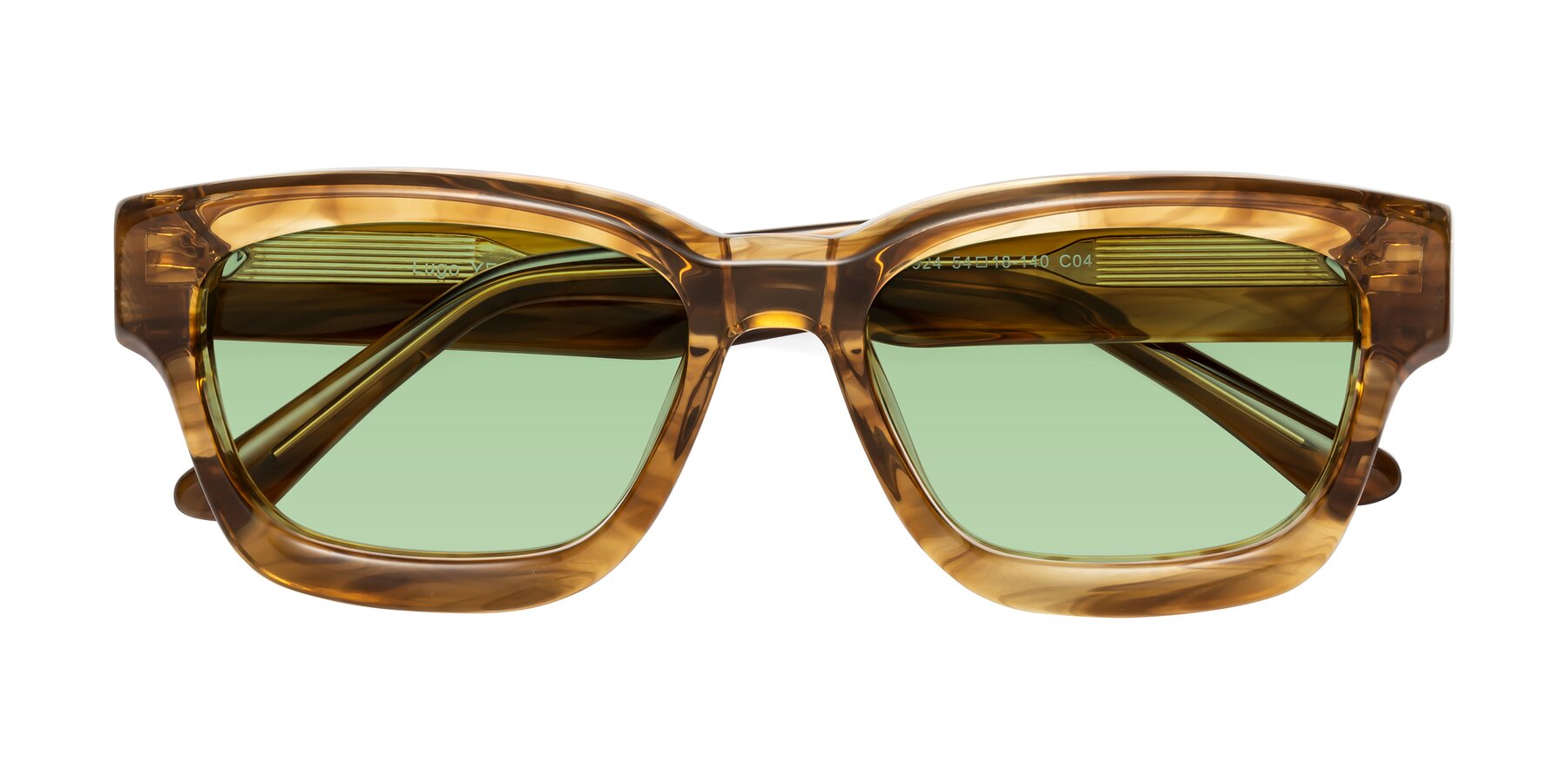 Folded Front of Lugo in Striped Amber with Medium Green Tinted Lenses