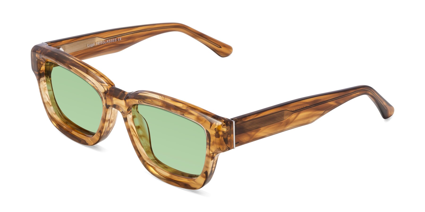 Angle of Lugo in Striped Amber with Medium Green Tinted Lenses